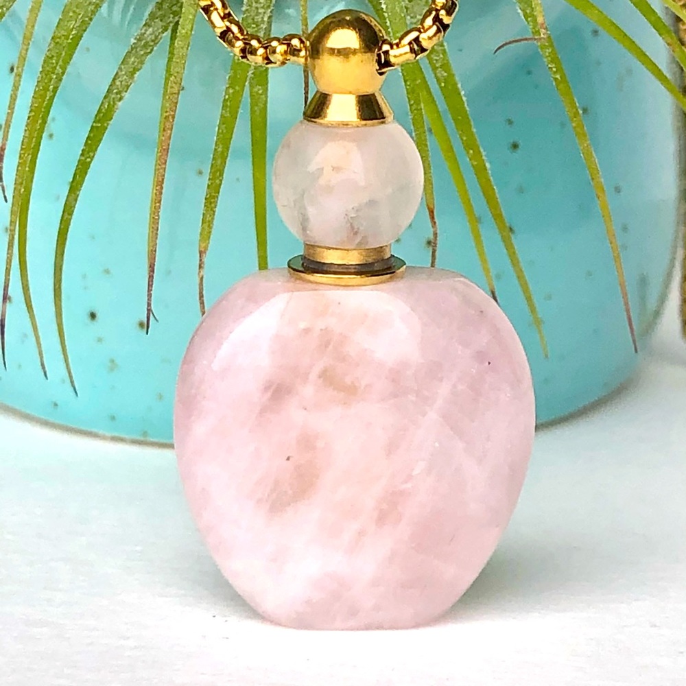COPY - Rose Quartz Gemstone Perfume Bottle Essential Oil Necklace Pendant Gold …